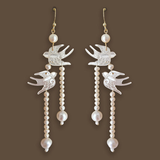 Flight of Love Twin Swallows & Pearl Cascade Earrings