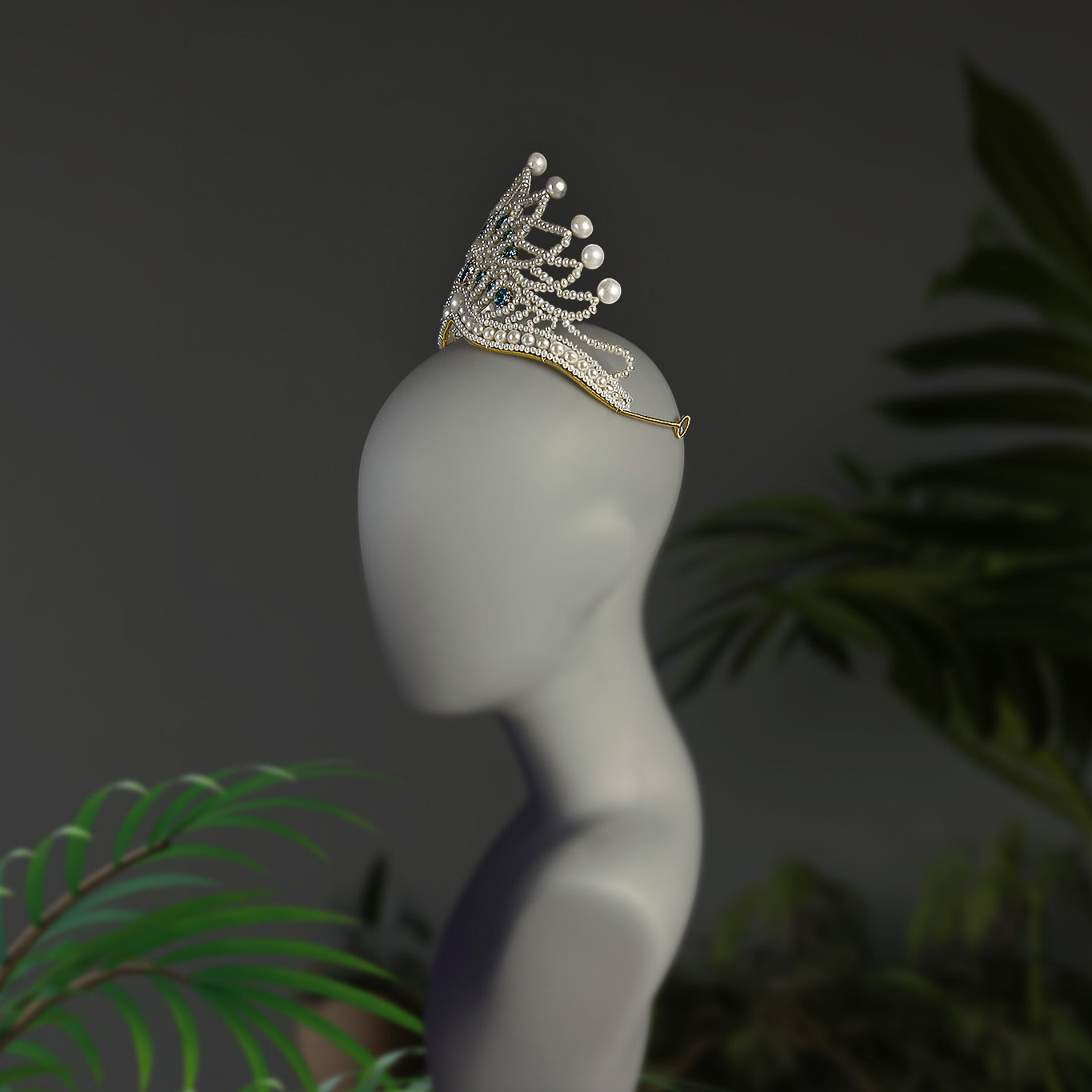 Close-up side angle of the copper wire-wrapped bridal tiara, revealing the meticulous handcraftsmanship and secure fitting design.
