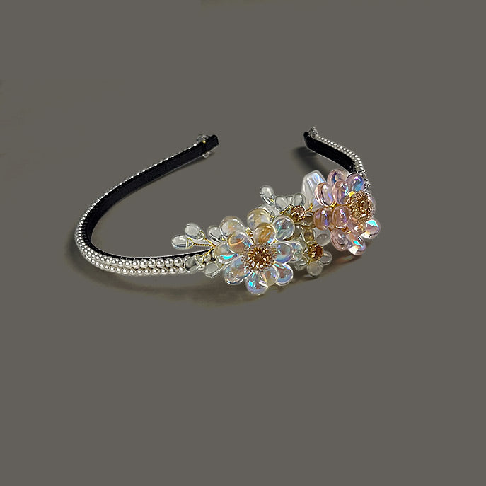 Ethereal Bloom handcrafted Liuli floral bridal headband with delicate pearls and zircon diamonds.
