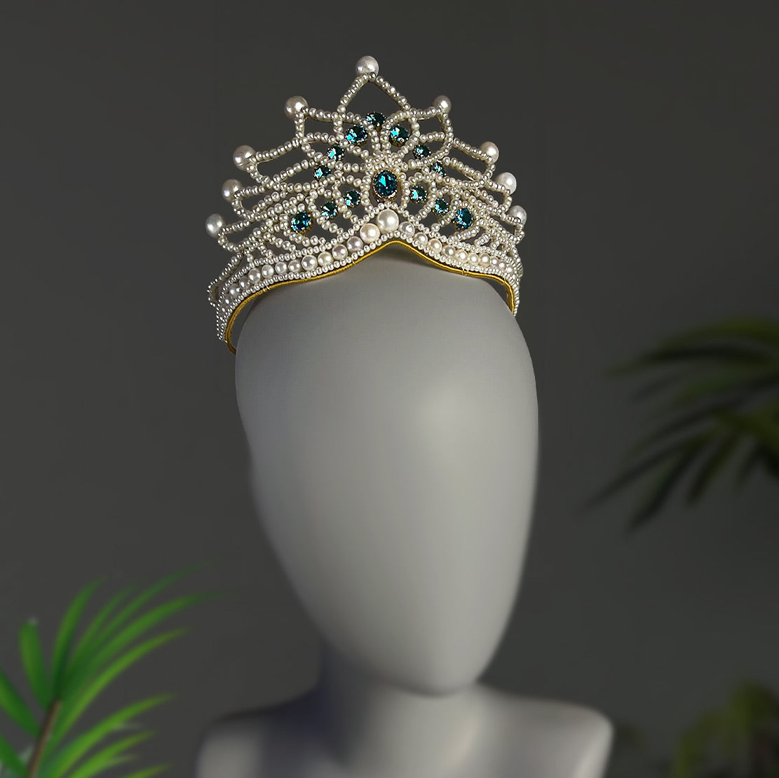 Three-quarter angled view of the handcrafted bridal tiara, displaying the rich texture of natural silk threads and woven pearls.